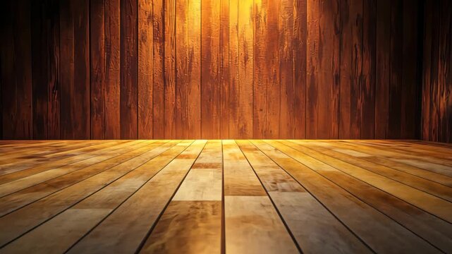 Warm wooden interior with polished floorboards illuminated by soft lighting, creating a cozy atmosphere