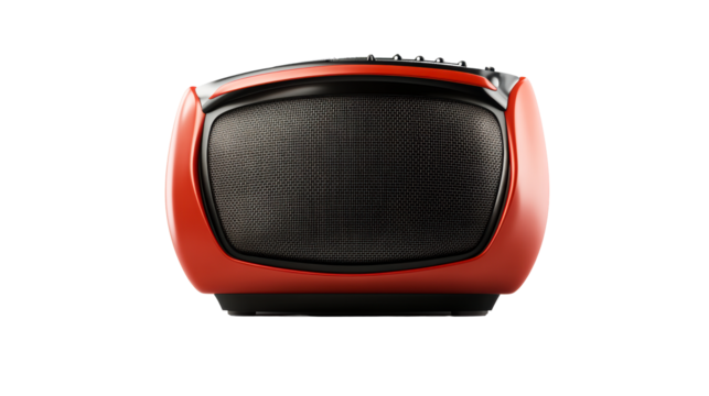 Vintage red radio with black mesh grill and knobs for tuning