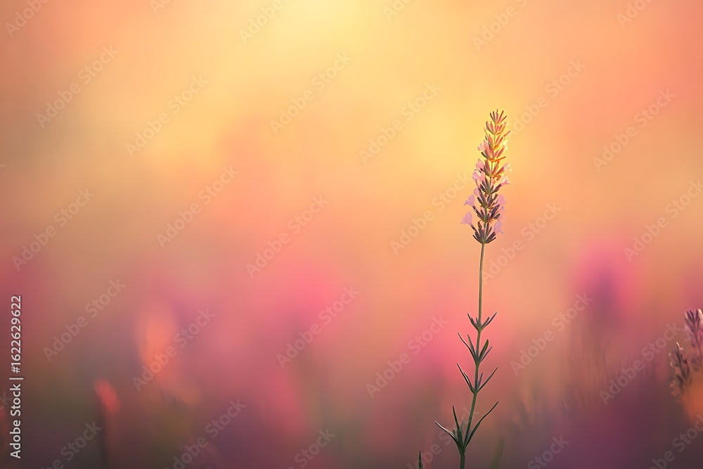 Poster single lavender stem in sharp focus with a soft, creamy bokeh field of flowers in the background --