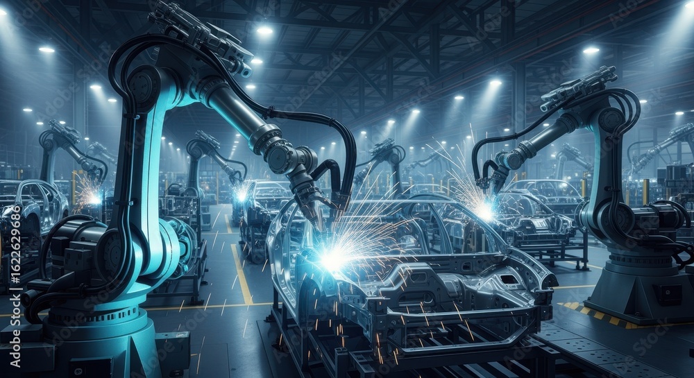 Poster engineering automation in car factory with robotic arm welding steel structures.
