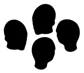 Four black female head silhouettes in different positions, arranged in a triangular composition on a white background. Vector illustration with clean outlines and high contrast, ideal for design.