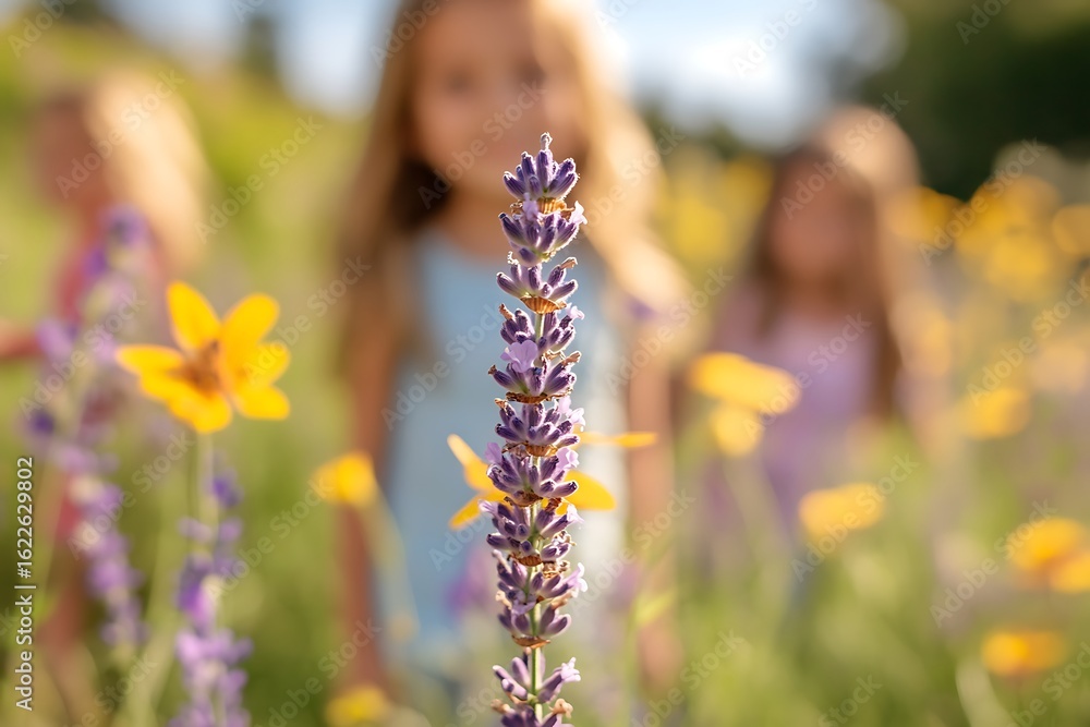 Poster single lavender stem in sharp focus with a soft, creamy bokeh field of flowers in the background --