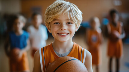 Smiling blond boy 10 years old in basketball uniform holding basketball ball in the center of school gym, other children in sports uniform behind, physical education lesson, game, team, training