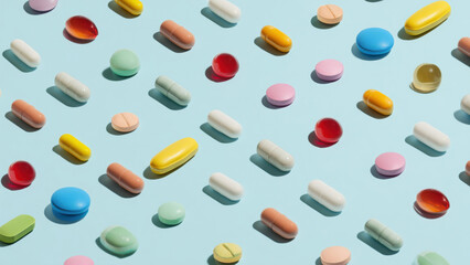 Colorful pills arranged on blue background, created with AI