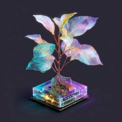 A Futuristic Plant With Colorful Leaves Emerges From a Circuit Board in an Innovative Design