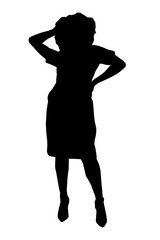 African woman in a flowing dress stands with hands on her head, captured as a striking black silhouette against a clean white background. The minimalist composition highlights her elegant posture.