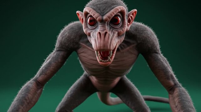 Realistic Monkey Creature Crawling Forward with Menacing Expression on Green Screen Background