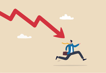 Business failure, economic recession or investment loss or stock market falling down, crisis or crash, investing risk or depression concept, failed businessman run away from falling down arrow chart.