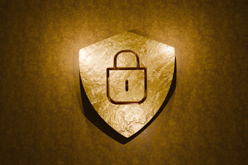 Golden shield with a lock symbol embossed on a textured background. Concept image for cybersecurity, privacy, data protection, secure access, and online safety in a luxury or premium style
