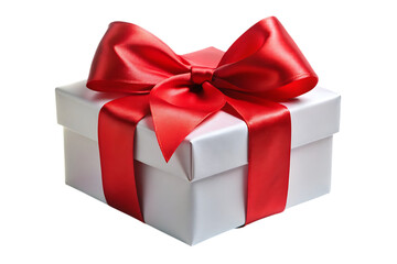 Obraz premium Elegant white gift box with a bright red satin bow and ribbon isolated - on a white background