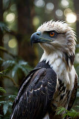 Majestic harpy eagle, also known as the Philippine eagle, perched on a thick, moss-covered branch in a dense, misty forest