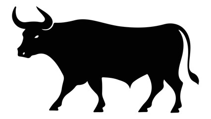 black silhouette of a waling bull, simple shape illustration of a walking bull on white background 