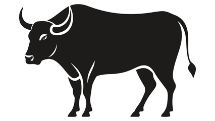 Silhouette of Grazing Bull with Horns in Black on White Background, Illustrated silhouette of a bull depicted in black, showcasing horns and a defined body contour