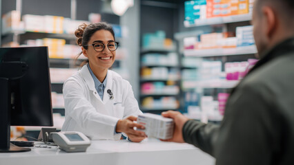 Pharmacist gives prescription to customer, created with AI