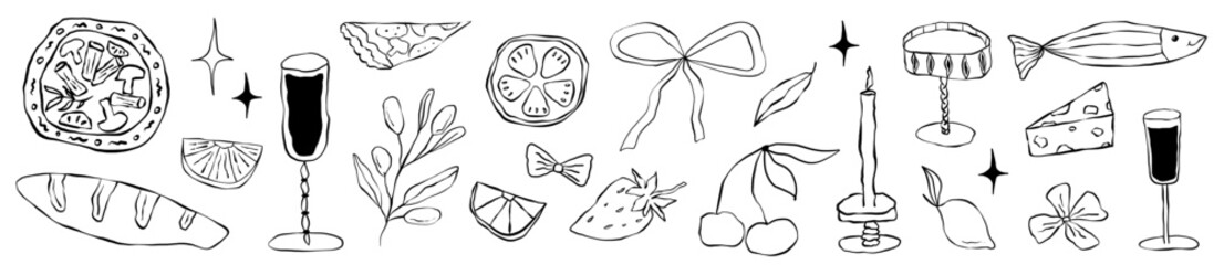 Amalfi italian sketch food with lemon blue color. Mediterranean sketch food lemon with pizza and pasta trendy style. Amalfi outline italian doodle design.