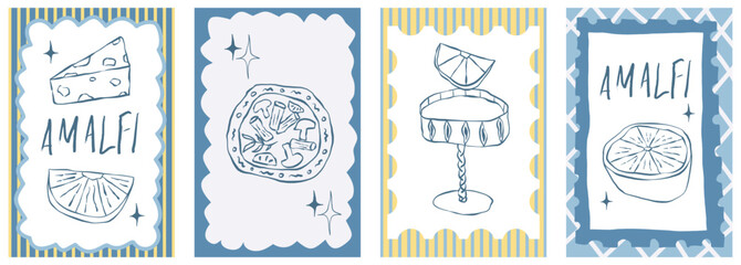 Amalfi poster with lemon and food outline style. Hand drawn poster summer amalfi with lemon. Doodle sketch stamp and summer food.
