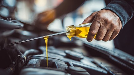 Mechanic Pouring Engine Oil into Car Engine