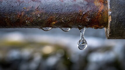 Rusty Pipe with Water Droplets in Focus