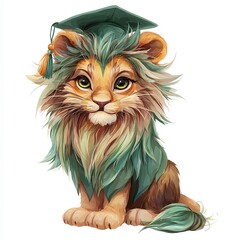 Cute Lion Wearing Graduation Cap With Green Tassel and Vibrant Fur Design Generative AI