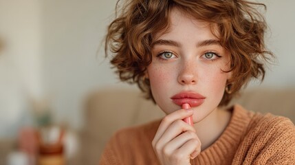 Woman Applying Lip Balm in Cozy Home Setting