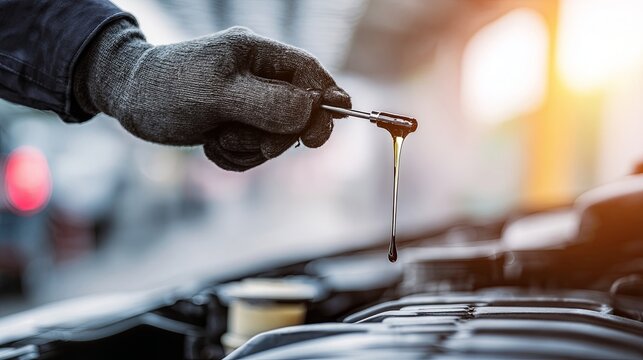 Mechanic Checking Engine Oil Level with Dipstick