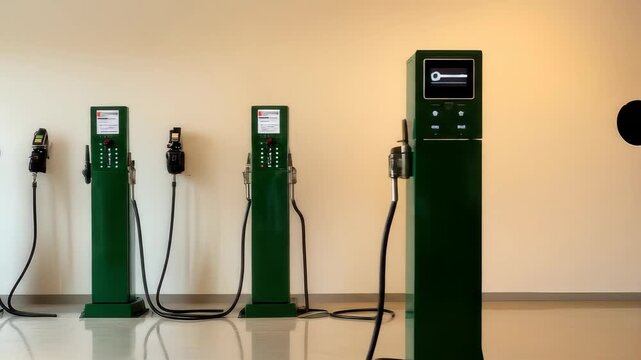 A row of electric vehicle charging stations stands ready for use, representing a step towards sustainable transportation and eco-friendly energy.