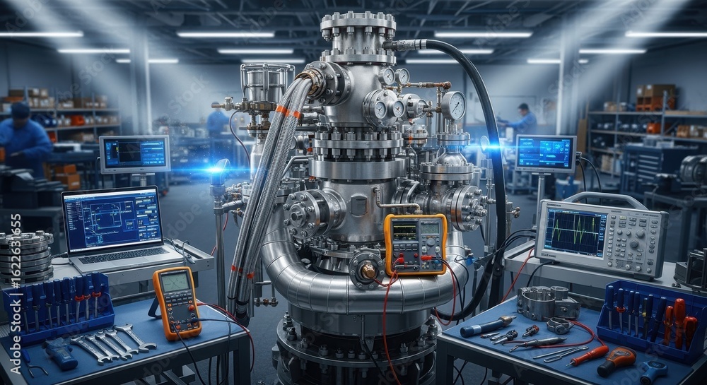 Poster comprehensive view of an aircraft carriers steam catapult generator module surrounded by diagnostic 