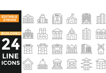 Building icon set. Containing structure, landmark, condo, government, school, church, hotel, shop, hospital, public buildings and more. real estate property icons. Editable line icons
