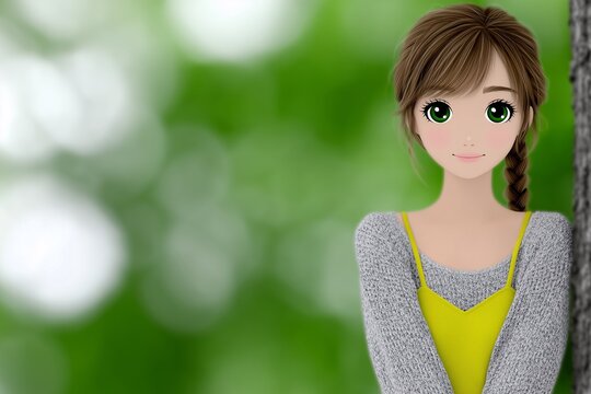 Anime girl with braid,Green blurred forest backdrop,Useful in manga-themed content