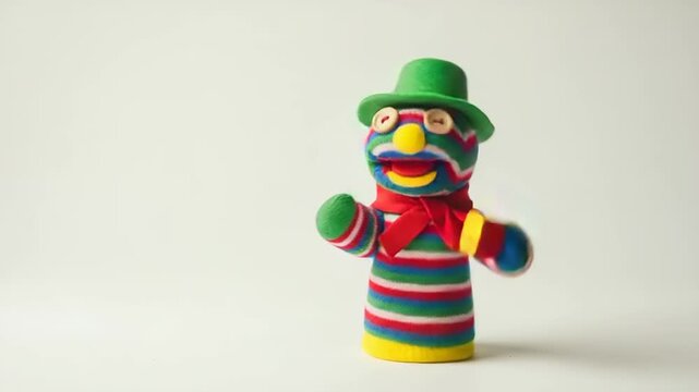 Playful sock puppet with vibrant colors animation on a clean background video