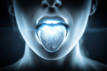 Blue glowing tongue shaped heart, Woman mouth with light inside, Futuristic concept for sci-fi cover
