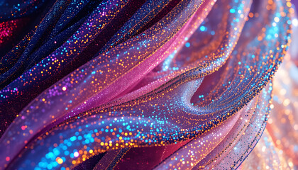 "Close-up of Sparkling Glitter Fabric in Neon Light, Abstract Colorful Shiny Textile Background"