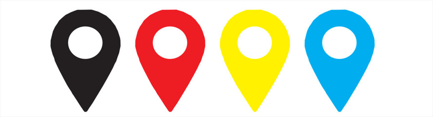 location icon, map pin icons in outline, black, and red styles. for maps, GPS, navigation apps, location markers, address indications, and geolocation interfaces 