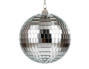 Realistic Silver Disco Ball with Reflected Light Spots, Hanging Chain, Transparent Background PNG