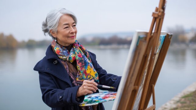 Older female artist painting on easel outdoors near lake, calm expression, colorful scarf and coat, creative senior life