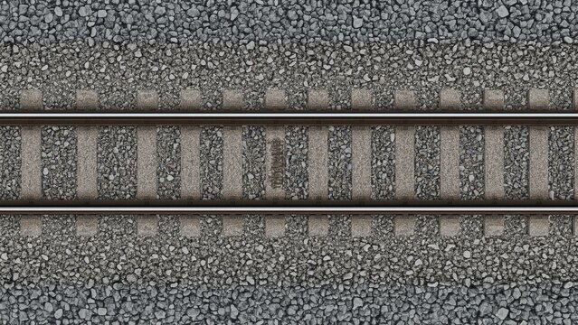 A top-down view of a section of a railway track, showing two parallel steel rails with evenly spaced concrete railroad ties (sleepers) on a gravel bed. 3d