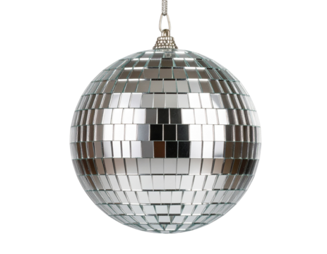 Realistic Silver Disco Ball with Reflected Light Spots, Hanging Chain, Transparent Background PNG