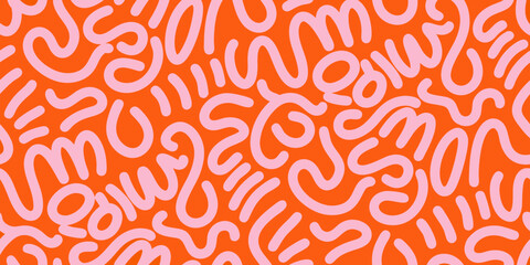 Abstract Pink Line Art on Orange Background Seamless Pattern Design