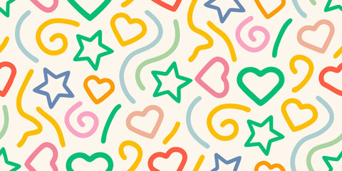 Playful Seamless Pattern with Stars Hearts and Swirls in Bright Colors