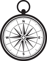 Classic black and white pocket compass illustration with a detailed windrose and cardinal points