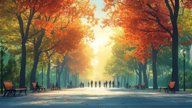 Autumn stroll in the park with vibrant fall foliage and pedestrians enjoying the scenery, ideal