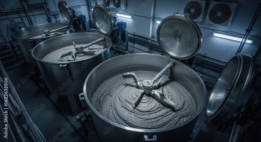 Poster overhead shot of multistage mixing tanks with highdensity ballistic propellant materials inside a se