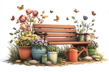 A Charming Garden Bench Sits Among Vibrant Flowers and Butterflies on a Sunny Day