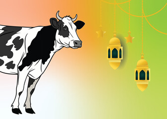 Cute cartoon cow standing on a meadow farm scene