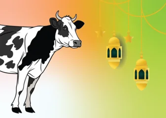 Gardinen Cute cartoon cow standing on a meadow farm scene © Jasmin