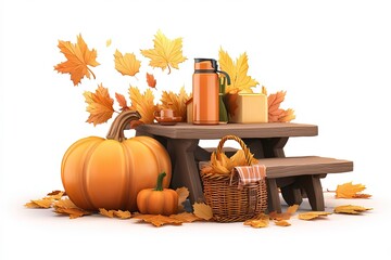 Autumn Picnic Setup With Pumpkin, Leaves, and Warm Beverages in a Cozy Atmosphere Generative AI