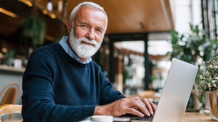 Senior man with gray beard typing on laptop in cozy cafe, writing a travel blog, lively and confident