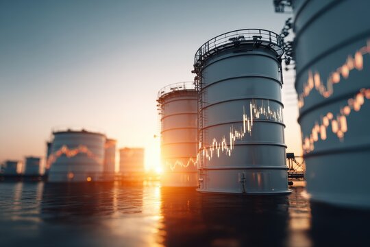 Industrial Oil Storage Tanks at Sunset with Graphical Overlay
