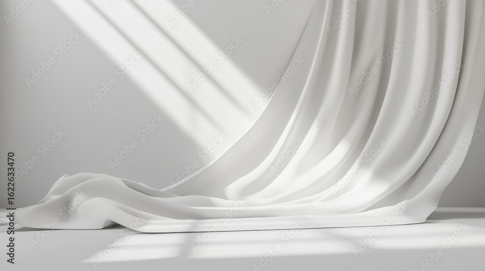 Poster flowing white fabric in motion soft folds minimal background abstract fluid design texture elegance 
