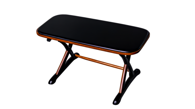Small folding table with a sleek black surface and wooden accents
